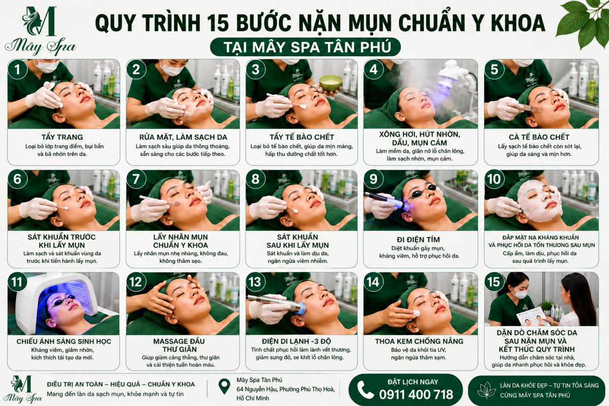 Nặn mụn T&acirc;n Ph&uacute; chuẩn y khoa 15 bước tại M&acirc;y Spa