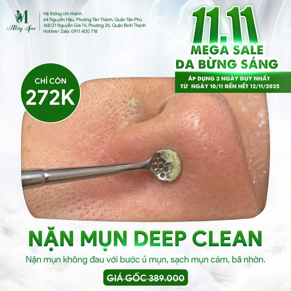 Khuyến mãi 11.11 dịch vụ nặn mụn không đau Deep Clean Skin